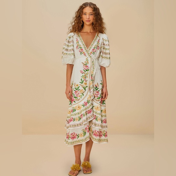 FARM Rio Dresses & Skirts - FARM Rio White Midi Dress with Pink & Green Floral Embroidery